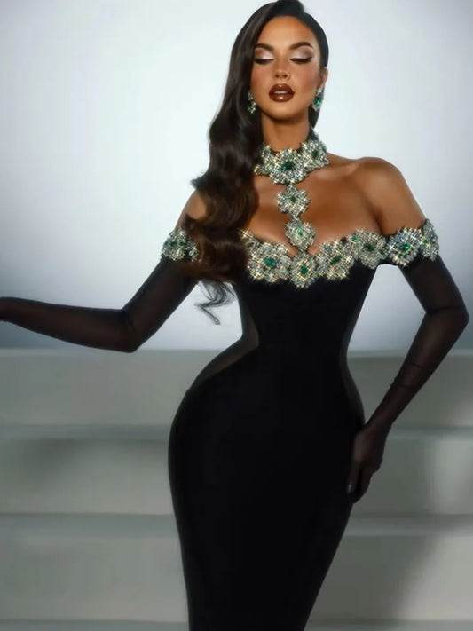 Women's Black Crystal Bandage Maxi Dress