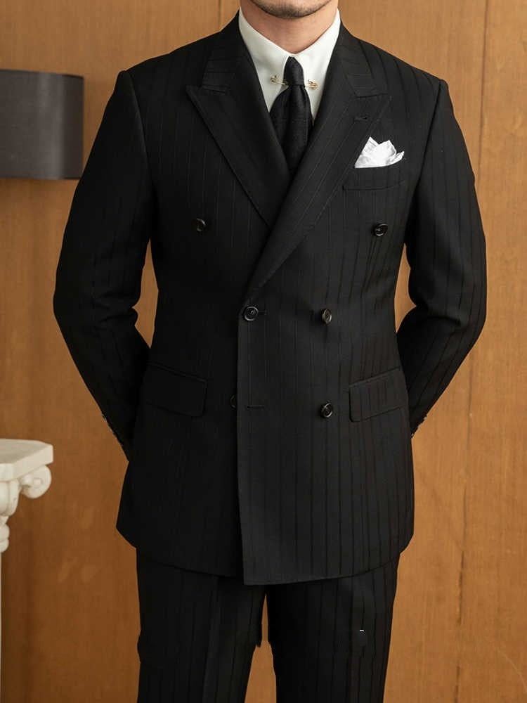 Men’s Handsome Black Striped Double-Breasted Suit