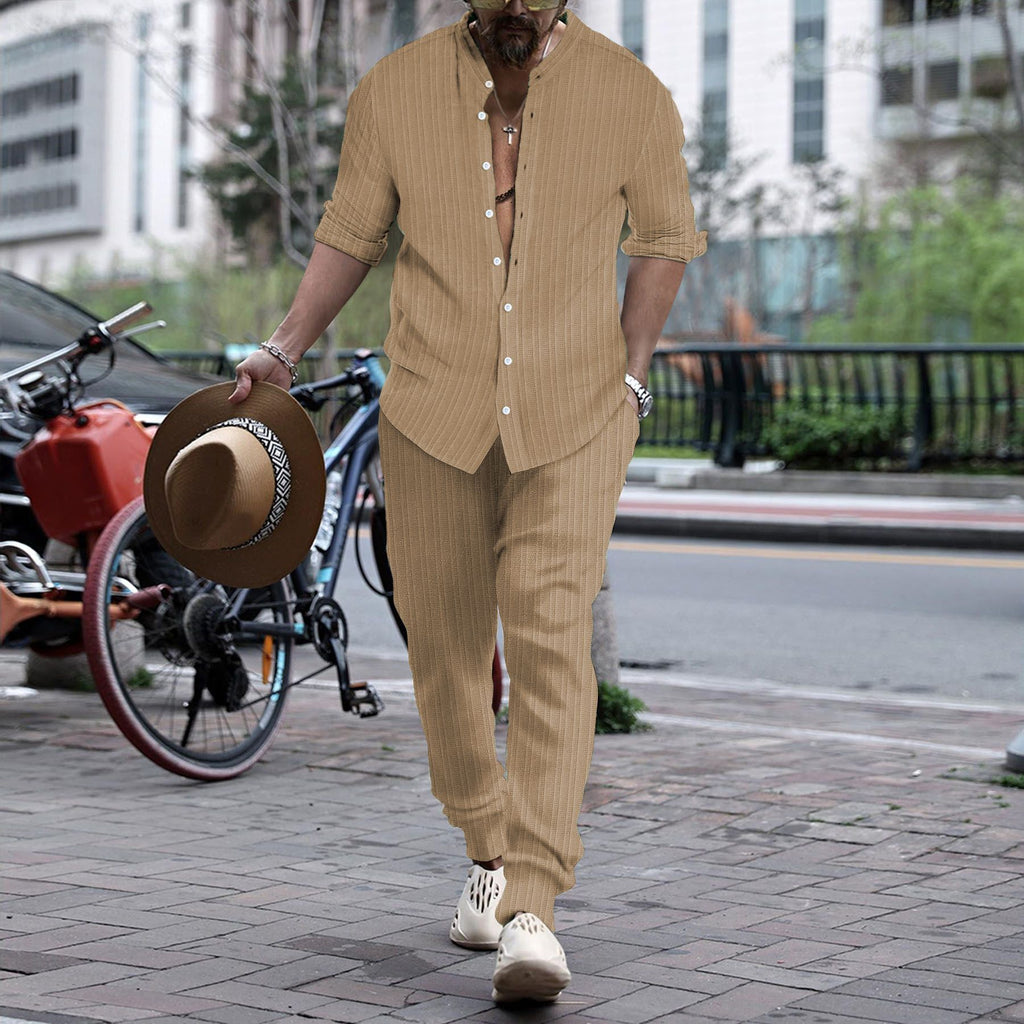 Men’s Henley Collar Shirt & Trousers Set
