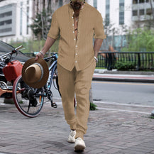Men’s Henley Collar Shirt & Trousers Set