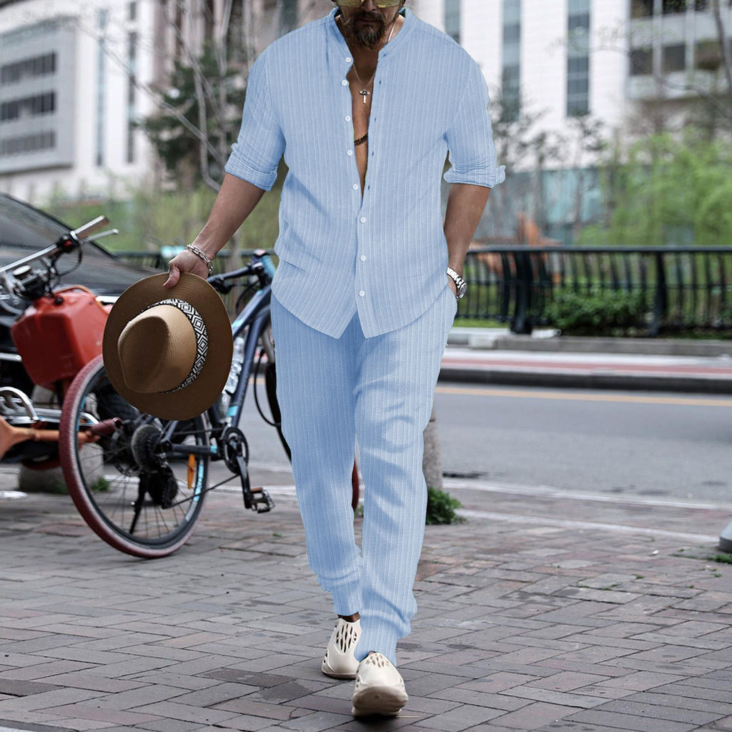 Men’s Henley Collar Shirt & Trousers Set