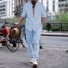 Men’s Henley Collar Shirt & Trousers Set