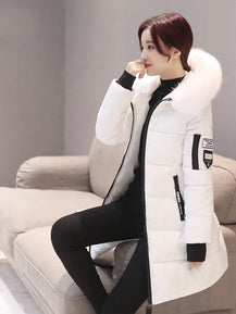 Women’s Long Jacket with Letter Patch & Zipper Pockets