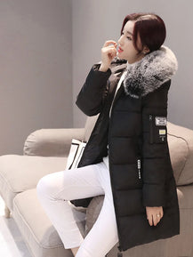 Women’s Long Jacket with Letter Patch & Zipper Pockets