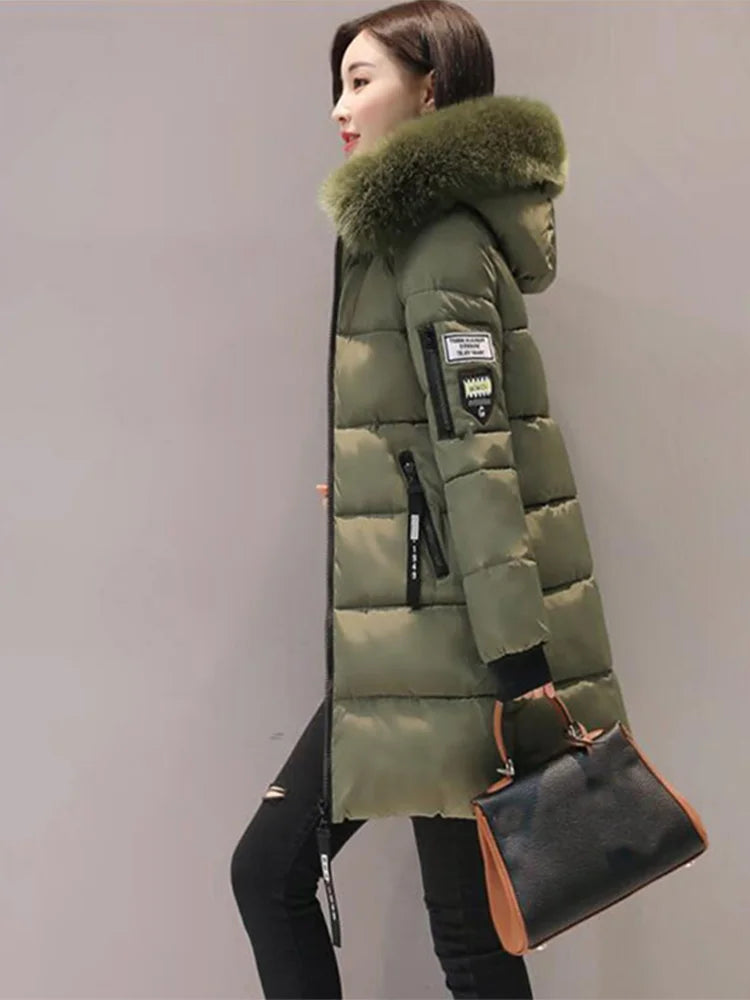 Women’s Long Jacket with Letter Patch & Zipper Pockets