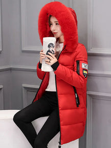 Women’s Long Jacket with Letter Patch & Zipper Pockets