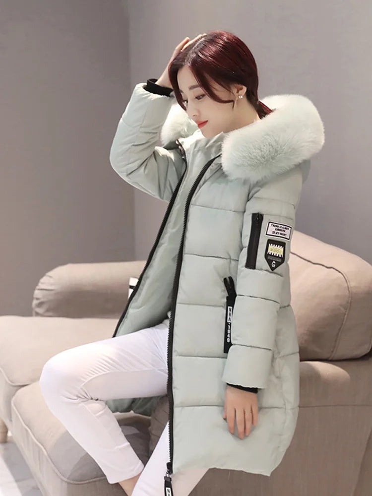 Women’s Long Jacket with Letter Patch & Zipper Pockets