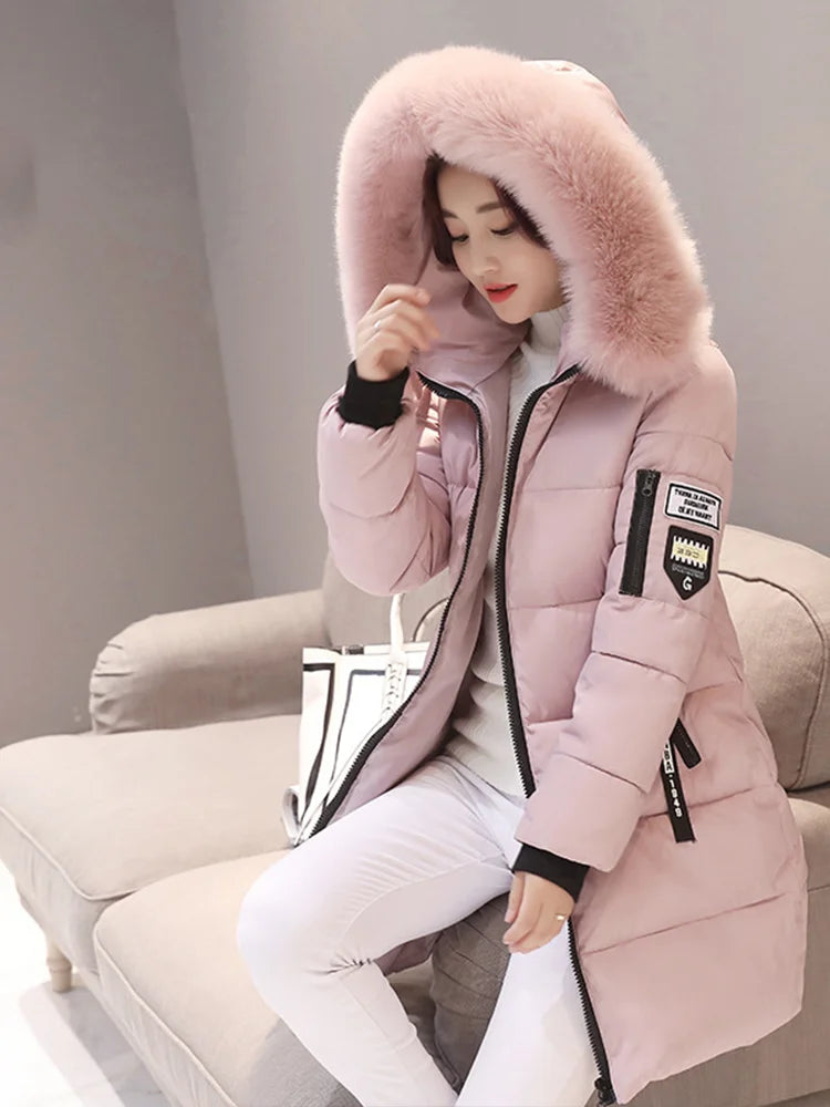Women’s Long Jacket with Letter Patch & Zipper Pockets