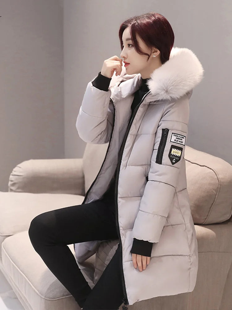 Women’s Long Jacket with Letter Patch & Zipper Pockets