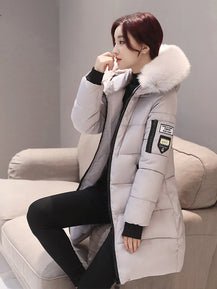 Women’s Long Jacket with Letter Patch & Zipper Pockets