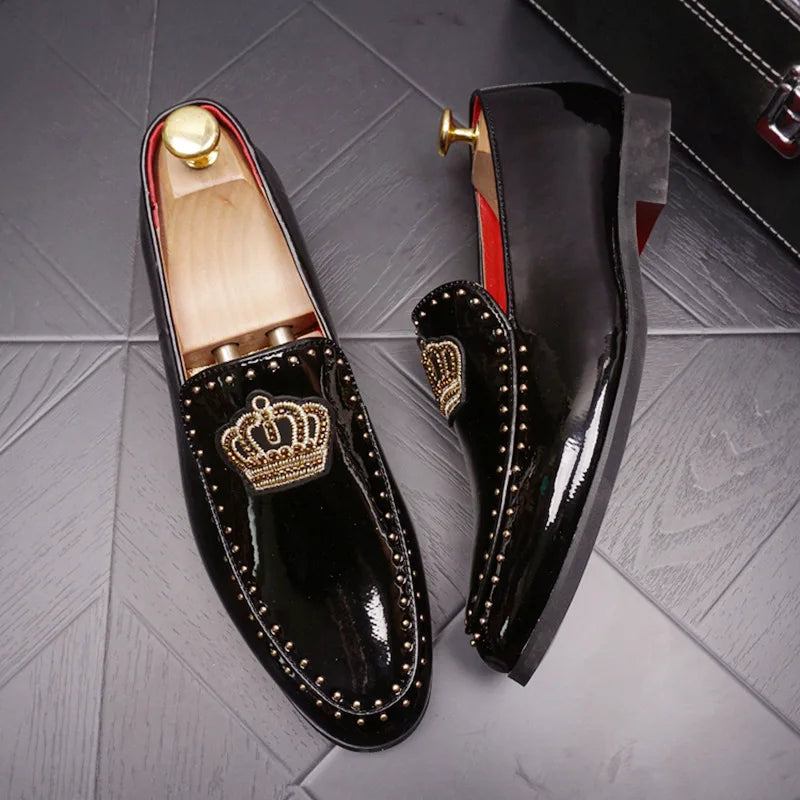 Men’s Stylish Crown Embroidered Patent Leather Shoes