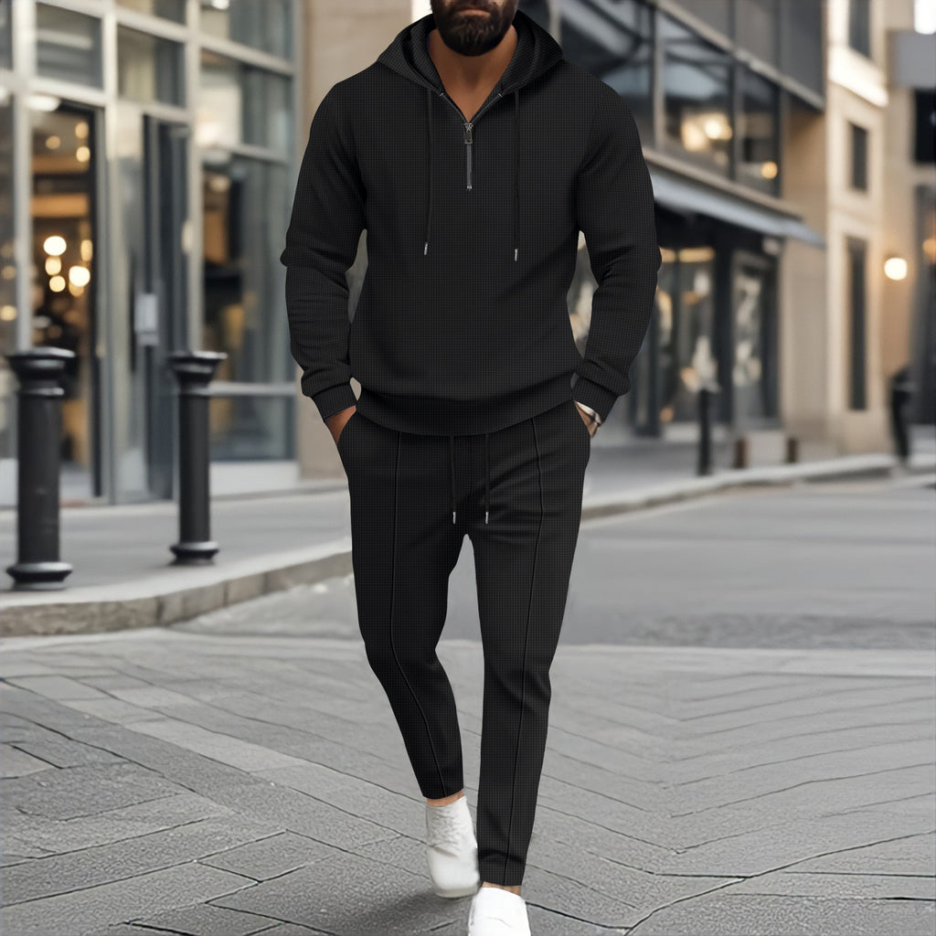 Men’s Waffle Hooded Long Sleeve Two-Piece Set