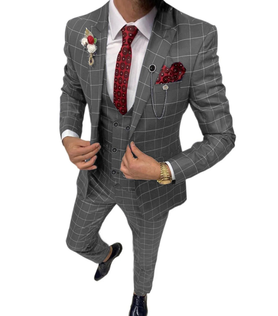 Men’s Classic Lattice Pattern Three-Piece Suit