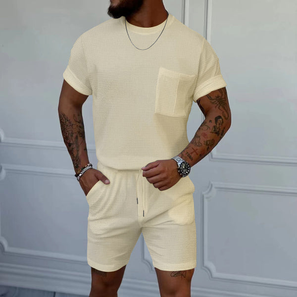 Waffle Round Neck Pocket Short-sleeved Shorts Casual Sports Suit