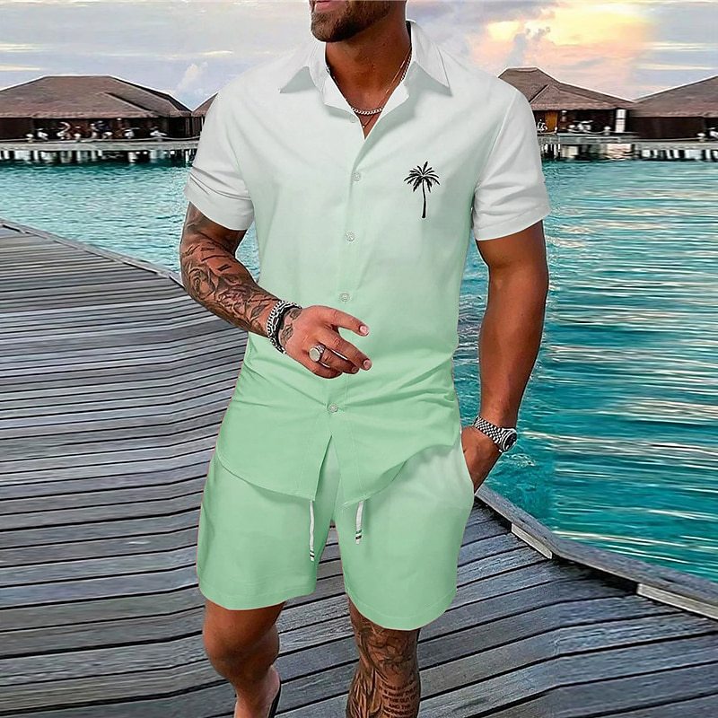 Men’s Gradient 3D Print Two-Piece Summer Outfit