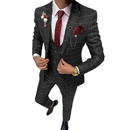 Men’s Classic Lattice Pattern Three-Piece Suit
