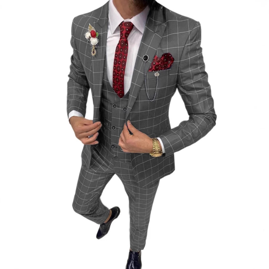 Men’s Classic Lattice Pattern Three-Piece Suit