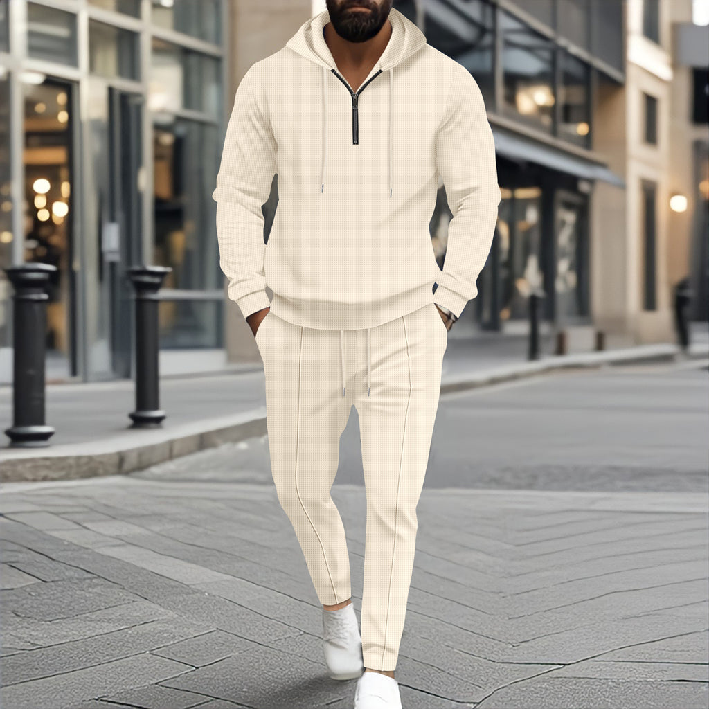 Men’s Waffle Hooded Long Sleeve Two-Piece Set