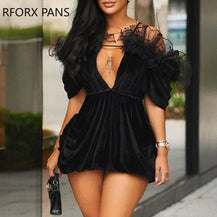 Women’s Black Mesh Ruffle Mini Dress