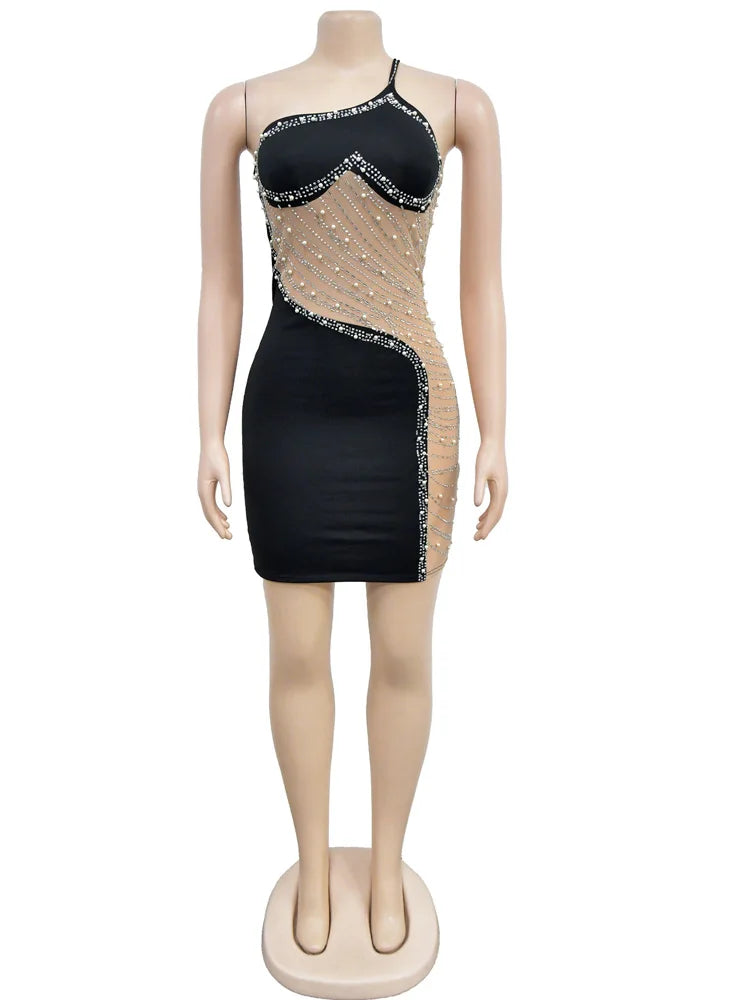 Beyprern Gorgeous Rhinestone Mesh Party Dress