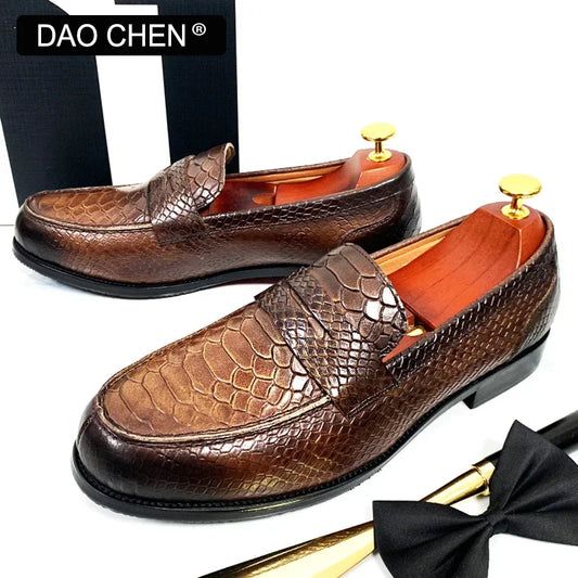 Luxury Snake-Print Leather Loafer Shoes for Men