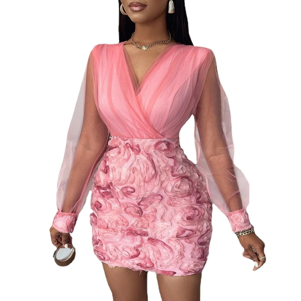 Women’s Elegant Pink V-Neck Dress with Floral Design