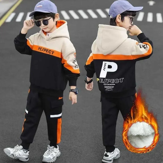 Boys’ Thick Hooded Letter Print Tracksuit