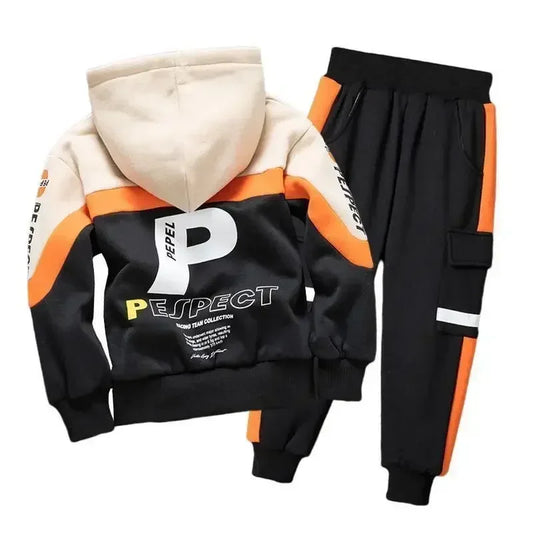 Boys’ Thick Hooded Letter Print Tracksuit