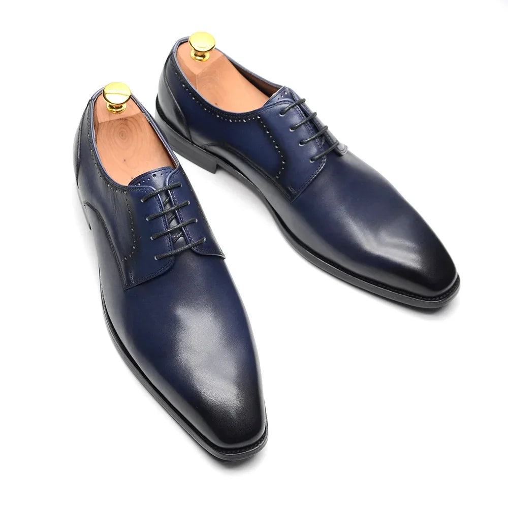 Men’s Blue Leather Derby Shoes for Wedding & Business Wear