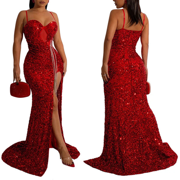 Sexy Women dress Solid Color Spaghetti Strap Sequin Design Glitter Floor Length Party Dress