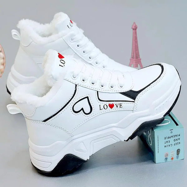 Bling Leather Women Platform Sneakers Winter 8CM Wedge Heels Warm Fur Snow Shoes Non Slip Chunky Plush Sports Sneakers Woman