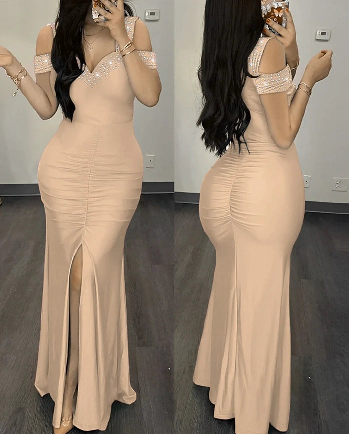 Women’s Sexy Rhinestone Ruched Slit Dress