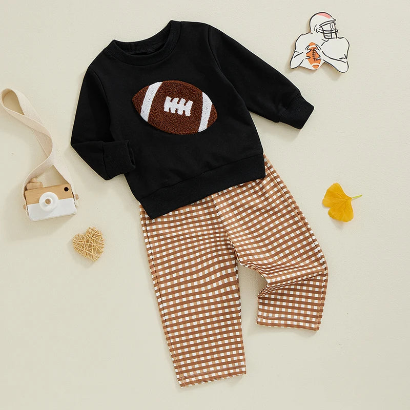 Lioraitiin Boy Fall Pants Set Football Embroidered Long Sleeve Round Neck Sweatshirt Plaid Long Pants Outfits