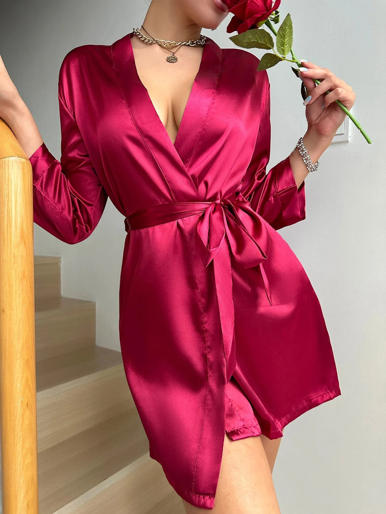 Women's Satin Silk Night Robe with Waist Belt