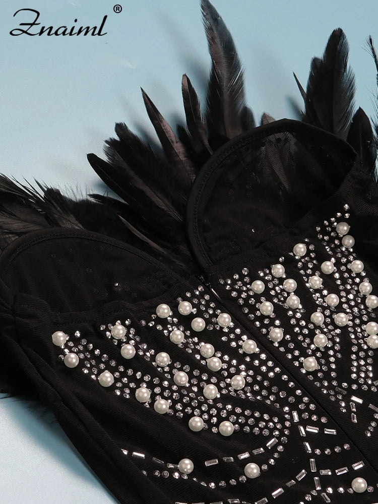 Women’s Diamond Mesh Mini Dress with Feathers