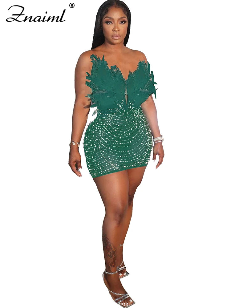 Women’s Diamond Mesh Mini Dress with Feathers