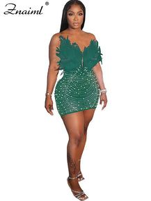Women’s Diamond Mesh Mini Dress with Feathers