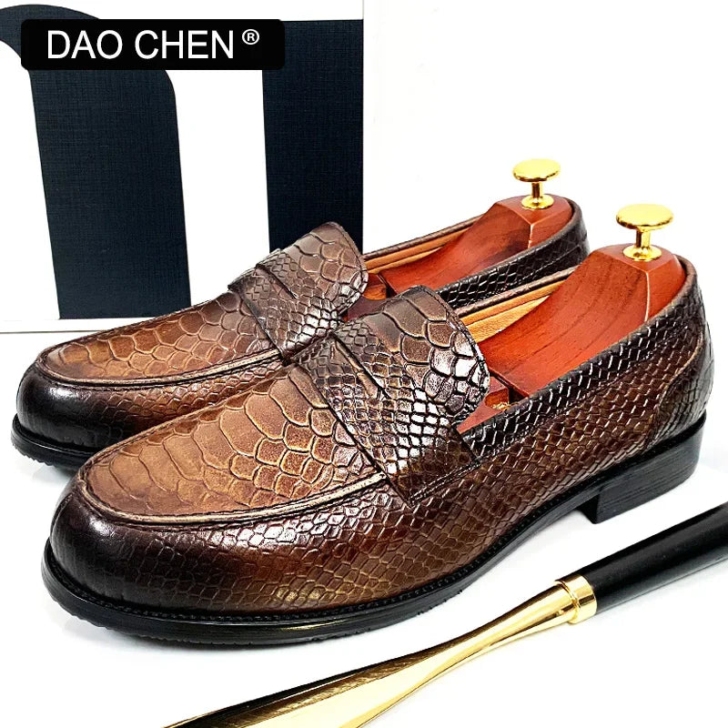 Luxury Snake-Print Leather Loafer Shoes for Men