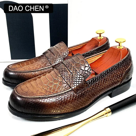 Luxury Snake-Print Leather Loafer Shoes for Men