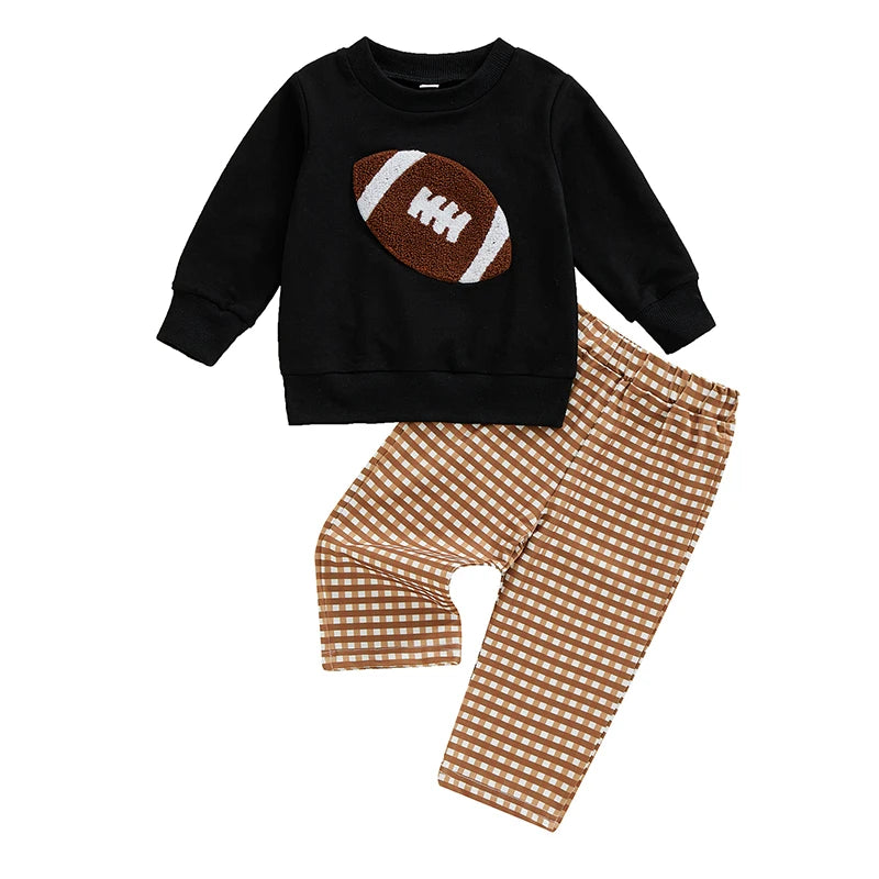 Lioraitiin Boy Fall Pants Set Football Embroidered Long Sleeve Round Neck Sweatshirt Plaid Long Pants Outfits