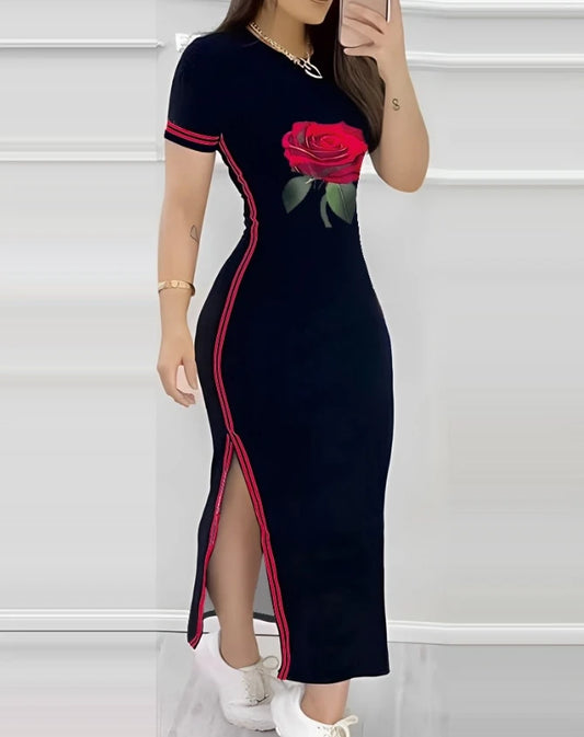 Women’s Striped Rose Print Maxi Dress for Summer