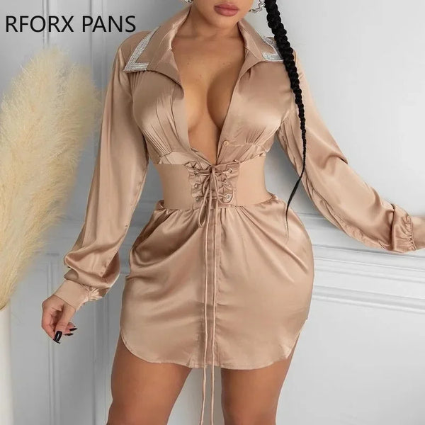 Women Studded Button Front Long Sleeve Satin Shirt Dress Party Dress  Sexy Dress for Women