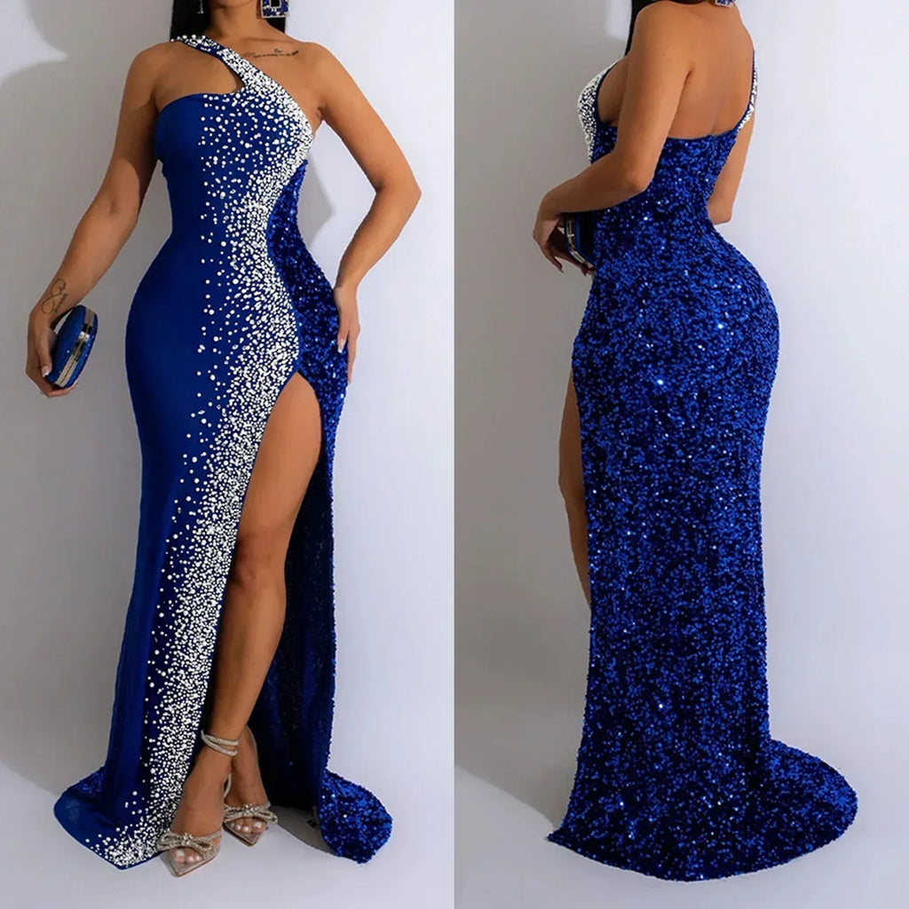 Women’s V-Neck Diamond Mesh Long Dress