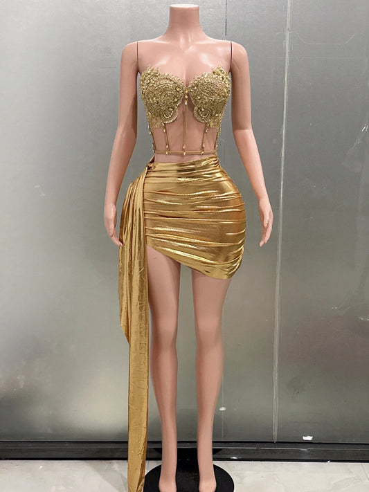 Luxury Gold 2-Piece Bodycon Mini Dress
