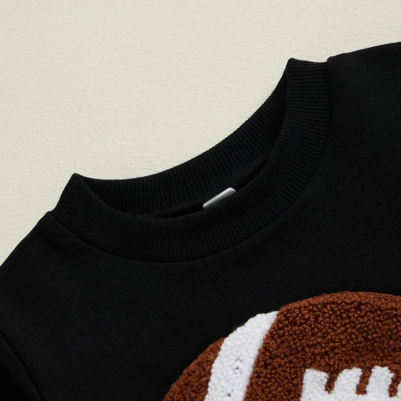 Lioraitiin Boy Fall Pants Set Football Embroidered Long Sleeve Round Neck Sweatshirt Plaid Long Pants Outfits