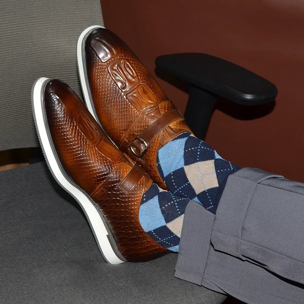 Men’s crocodile print monk strap design Leather Shoes