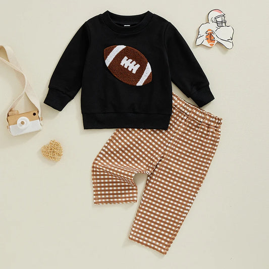 Lioraitiin Boy Fall Pants Set Football Embroidered Long Sleeve Round Neck Sweatshirt Plaid Long Pants Outfits