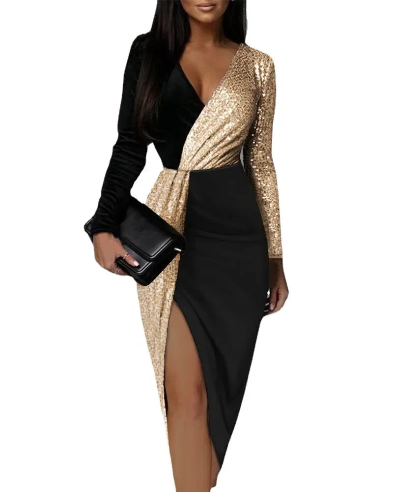 Luxury Black & Gold Sequin Party Dress