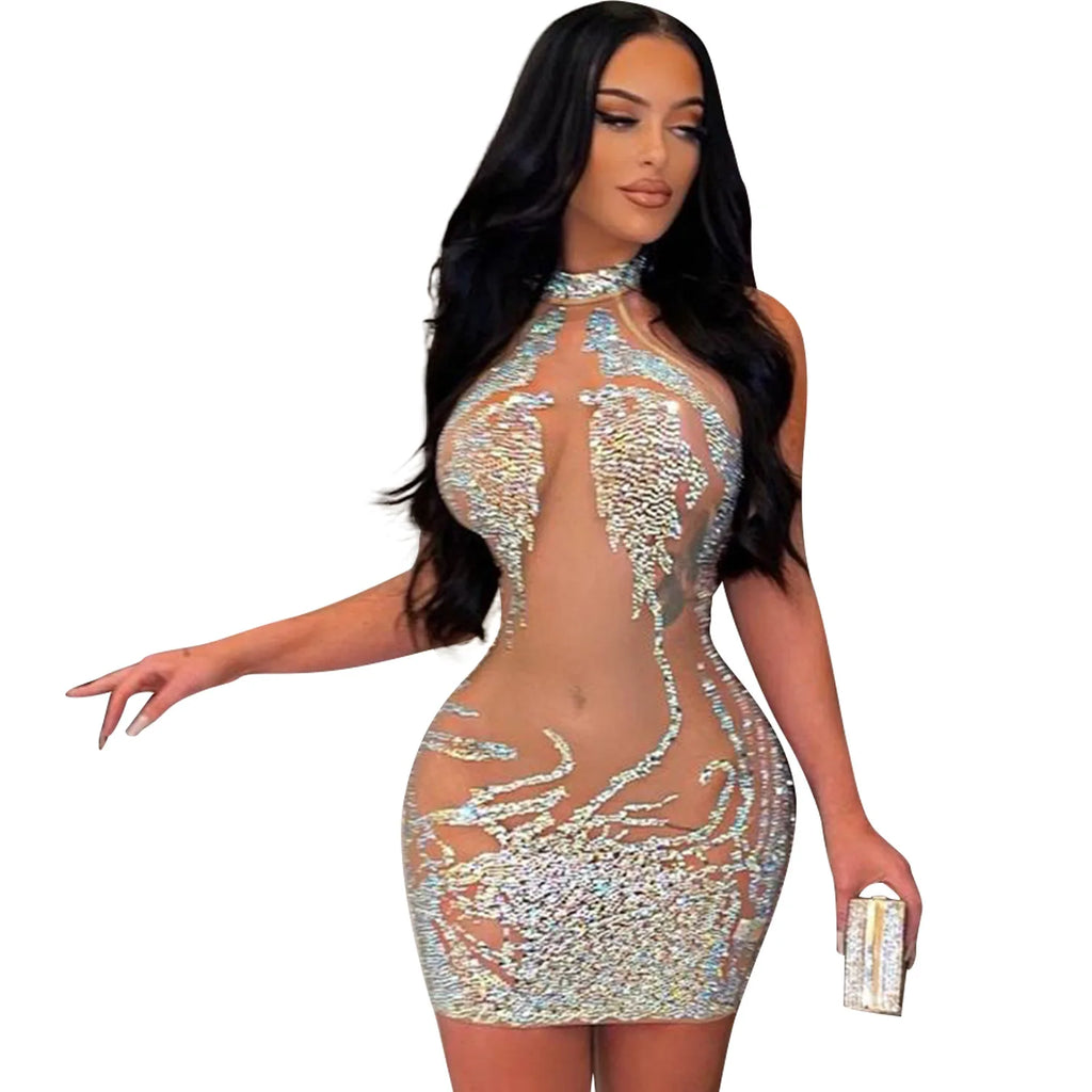 Women's Diamond Mesh Dress with  Rhinestone Design