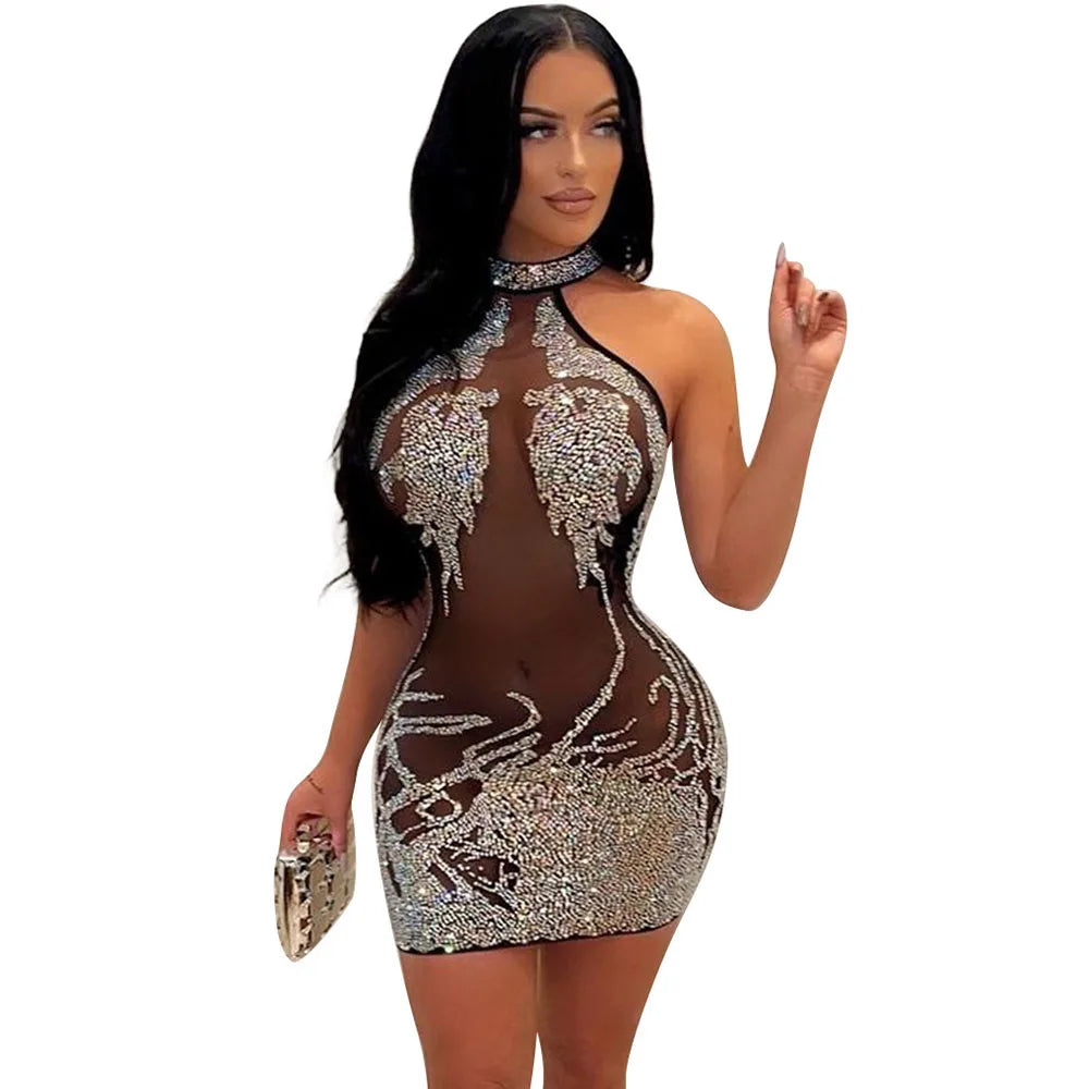 Women's Diamond Mesh Dress with  Rhinestone Design